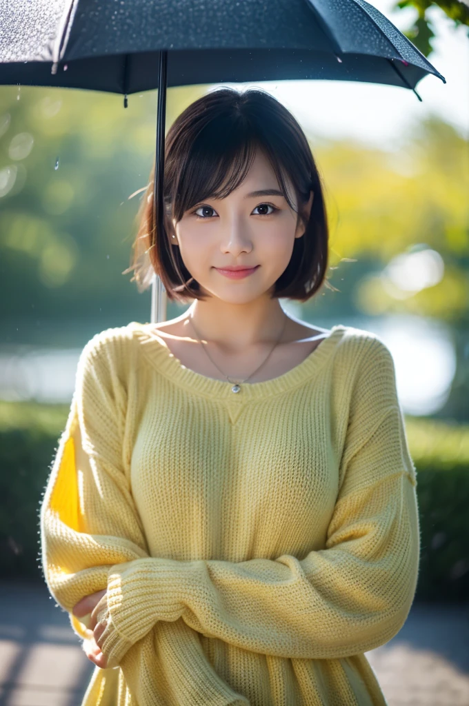 Highest quality、8k、32K、masterpiece、nffsw:1.2)、1 person、cute日本人女性の写真、Long sleeve dress、Short very bob hair、Upper Body、Surface Focus、Extra large size_sweater、necklace、Rainy park、Hold an umbrella、Water droplets fall、Looking at the audience、Mix 4、(8k、Raw photo、Highest qualityの、Masterpiece:1.2)、(Realistic Real Photo:1.37)、1 Girl、cute、Professional Lighting、Photon Mapping、Physically Based Rendering、Shortcuts、Shortcutsハンサム、High resolution、1080P