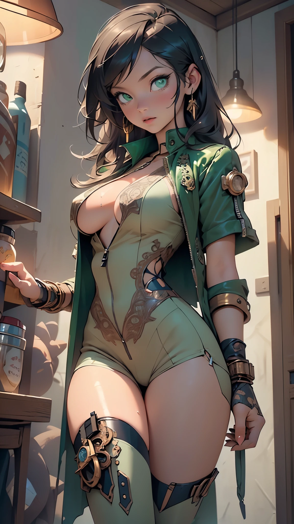 steampunk girl,(((1girl))),((beautiful girl with steampunk suit)),woman,1female,((milf,mom,mature,mature woman,45 years old female,adult)),

(large breasts:1.4),saggy breasts,(((dark hair:1.4,straight hair,long hair:1.4,colored inner hair))),(((green_eyes:1.3))),intricate eyes,beautiful detailed eyes,symmetrical eyes,((fat)),(((lustrous skin:1.5,bright skin: 1.5,skin tanned,shiny skin,very shiny skin,shiny body,plastic glitter skin,exaggerated shiny skin,illuminated skin,wet legs))),(spider lower abdomen,narrow waist,wide hip,imbo body,inflated legs, thick thighs,detailed body,(detailed face)),

cute,slutty,seductive,erotic,(((nsfw))),

revealing clothing,show skin,((underboob:1.5)),(cleavage),((steampunk suit outfit, green steampunk suit,short sleeve steampunk)),(wearing a steampunk suit outfit:1.3,steampunk suit clothes),((zipper suit, zipper slightly unzipped))),((wet clothes,intricate outfit,intricate clothes)),

(dynamic pose:1.0),solo focus,embarrassed,(centered,scale to fit dimensions,Rule of thirds),

inside,indoor,((cozy steampunk room)),scenery:1.25,((intricate scenery)),((steampunk decorations)),

(Glossy steampunk ornaments),highres,sharp focus,(ultra detailed,extremely detailed),(photorealistic artwork:1.37),(extremely detailed CG unity 8k wallpaper),(((vibrant colors,vibrant theme))),(intricate),(masterpiece),(best quality),artistic photography,(photography taken by sldr),(intricate background),perfect rendered face,perfect face details,realistic face,photo realistic,((intricate detail)),(((realism))),
