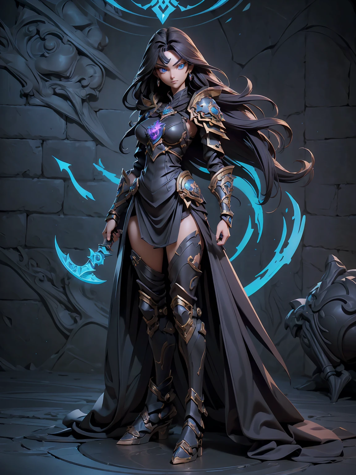 Design a layout showcase Gaming character, (1girl). A breathtakingly beautiful young slender female Paladin with long tied, flowing, black hair and intense blue eyes , wearing an ornate godly, dark purple + black + gold armor(extremely detailed:1.2) , wielding an ornate mace and shield ((full body shot:1.4))
