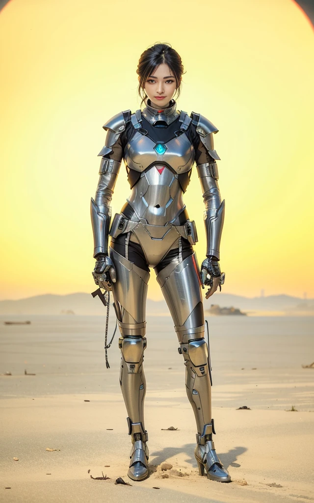 Fantasy cyberpunk world，1 Mechanical Miracle，defend world order；Samurai Mechanical Armor，Equip transparent weapons，aerodynamic design，A large portion for 1 person，Art of the highest quality，8K ultra-high resolution，dynamic lighting，Brilliant and gorgeous armor，Vibrant colors，Wearing a high-tech steel suit，Wearing a cyberpunk space helmet，Luminous mechanical protective mask，High-tech tactical clothing of the future，Steel machinery，Smiling，White mecha