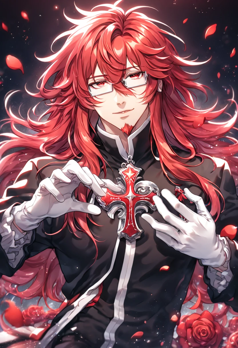 absurdres, highres, ultra detailed, HDR, master piece, best quality, extremely detailed, Marian Cross, red hair, long hair, hair between the eyes, messy hair, expressive red eyes, D.Gray-man, rectangle glasses, red goatee, solo, sexy man, handsome, sensual, black clothes, white gloves, magical, fantasy, red water, red roses, shining, red petals, red glittering fireflies