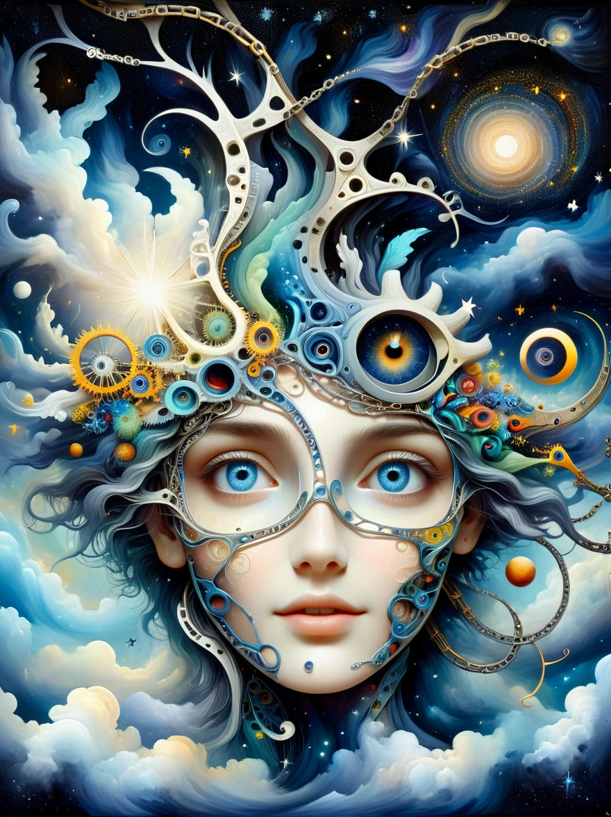 (microorganism,plant,Marine life,Exquisite eyes,Starry Sky,Stitching together an abstract painting,Describing the inner world of autistic people,Sense of space,White Space,interesting,Innocence,Psychedelic Art), Create an optical illusion artwork combining elements like eyes, the starry night sky, the universe, Galaxies, a celestial ladder, technology, machinery, and chains. The composition should be complex and intricate, featuring geometric shapes and patterns that link these elements together in a way that creates a strong visual illusion. The artwork should include an eye as a central element, surrounded by a depiction of the universe and Galaxies, with elements of advanced technology and machinery interwoven. The celestial ladder, possibly made of chains or mechanical parts, should connect different parts of the image, defying gravity and perspective. The overall design should be mesmerizing, causing viewers to feel dazzled and disoriented, with a powerful sense of visual illusion.