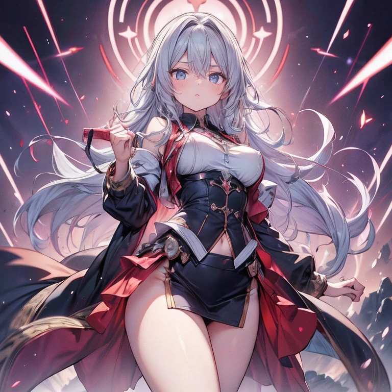 Anime Kawaii sexy Perfect Slim sensual body large breast and huge thighs, An intricate and highly detailed illustration of anime (Young girl). 最high qualiy、best quality image、work of art、adolescent((20 years old、 Becoming、vest bust、medium bust,wide open chest tea、glare eyes, hair light blue、long hair、fine tune,higher valley、hypdertailed、Monster arm、monster leg arm、struggling pose)),high qualiy、linda arte、fund((spark、em chamas、red lighting))、voo、debris flies、Written limit depth、film、visual artwork、Perfect artwork、8k,genuine、