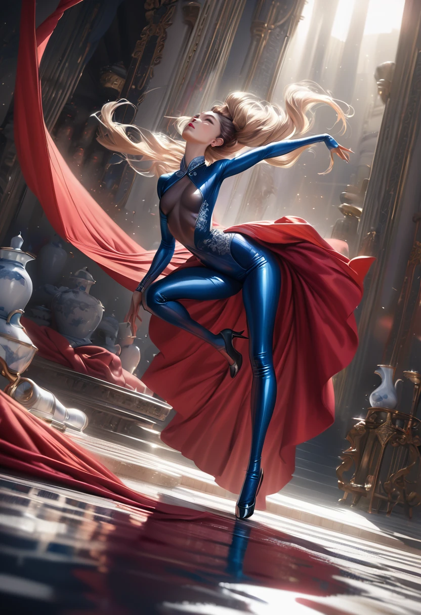 beautiful young british girl, high heels, qipao, bodysuit, latex, realistic 4k, highly detailed, masterpiece, photorealistic, intricate details, natural lighting, cinematic, elegant, beautiful face, sharp focus, porcelain skin, long eyelashes, glossy lips, dynamic pose, graceful movement, flowing fabric, reflective materials, dramatic atmosphere, vibrant colors, dramatic lighting