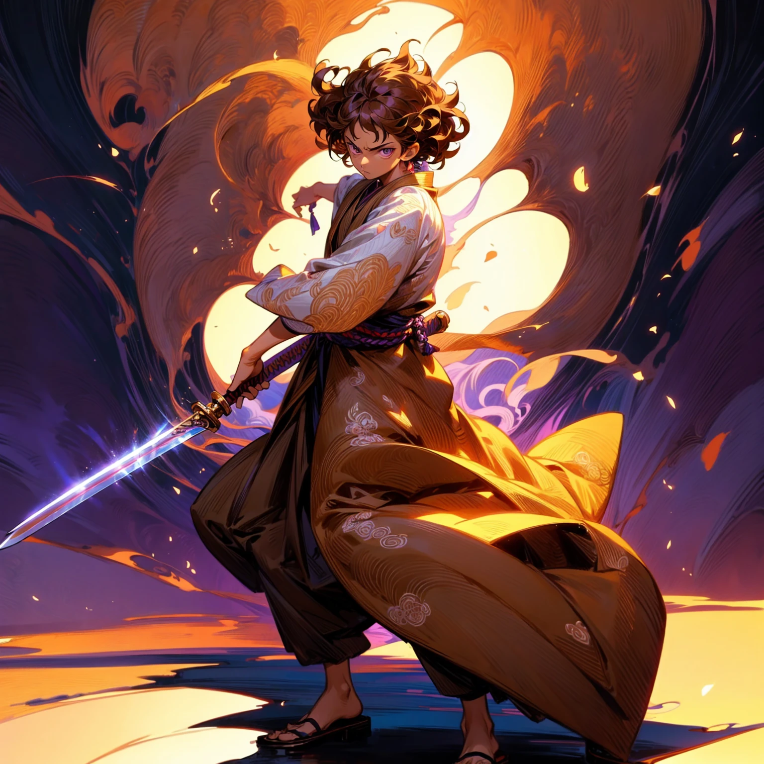 Solo character, full body version, young boy, tan skin, brown color hair, Curly hairstyle, purple eyes, Japanese tunic clothing, background is plain white, shadow, standing battle gesture, sword in hand, (one piece style art)