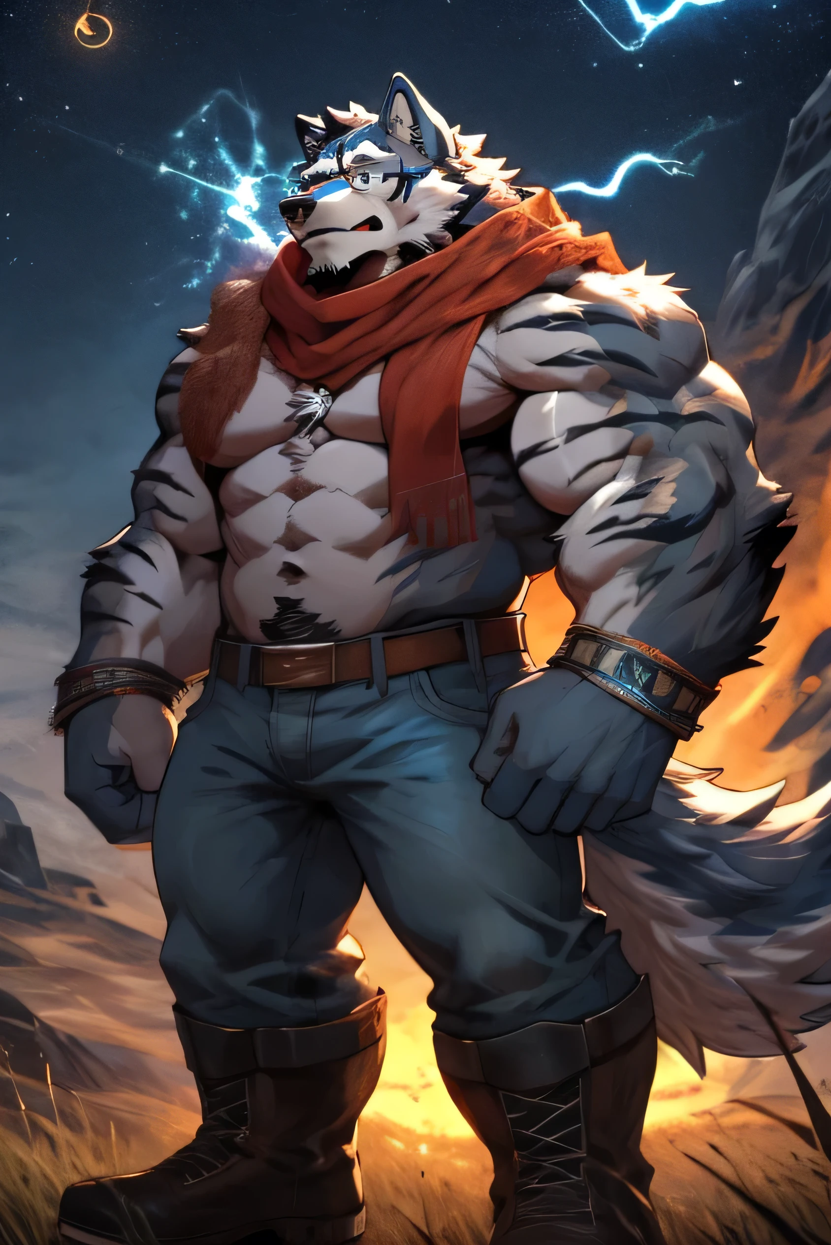 alone, fat muscular man, dad bod, belly, big pecs, ash grey hairy wolf, faded haircut ((black color)), big thick beard ((black color)), whiskers, amber eyes, ((red scarf)), ((glasses)),
electrified stripes on arms, electricity on arms, stripes on arms ((cyan color)), electricity particle around, electric particles, electricity visual effect, white belly, hairy, wolf tail, wolf ear, bracelets, jeans, boots, pecs, fangs, in the field, mountains in the background, at night, starry night, fireflies around,