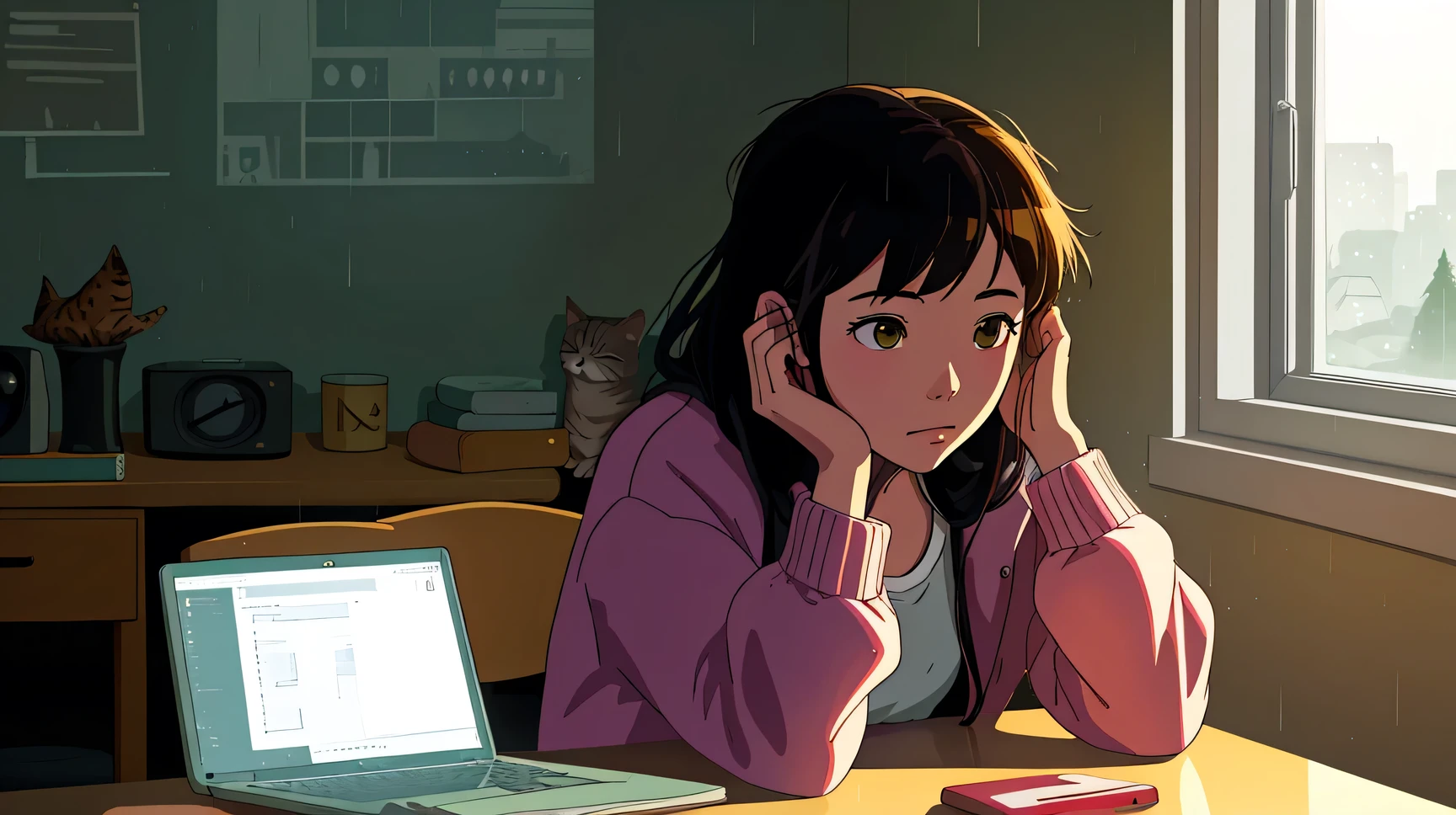 a girl in lofi style at a table with a computer facing a window studying, it's raining, It's 5 o'clock in the morning, a mug of coffee next to the computer, she is wearing warm clothes in cold weather, socks and cold cap, a cute cat next to her while she studies, relaxing environment , yellow lights, calm and great environment for studying, calm and peaceful rain, lofi girl style, night ligthning, tons of cores with twilight, do Studio Ghibli