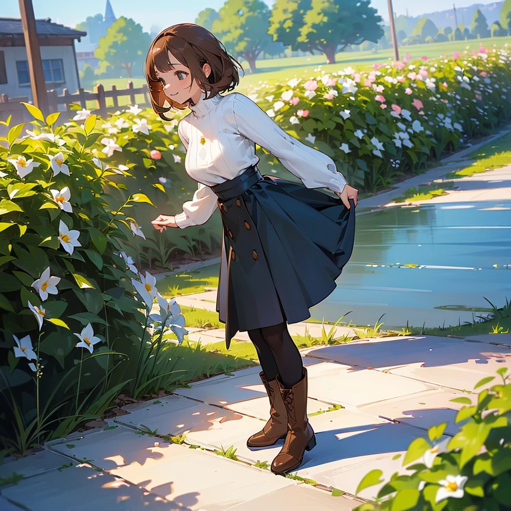 (high quality, High resolution, Very detailed, reality:1.37), Peaceful atmosphere, (Outdoor, garden), girl standing alone, (my breasts are big.), Beautiful details, Cute Smile, (Brown bob hair), Ribbed sweater, Blue Skirt, Black tights, Brown boots.