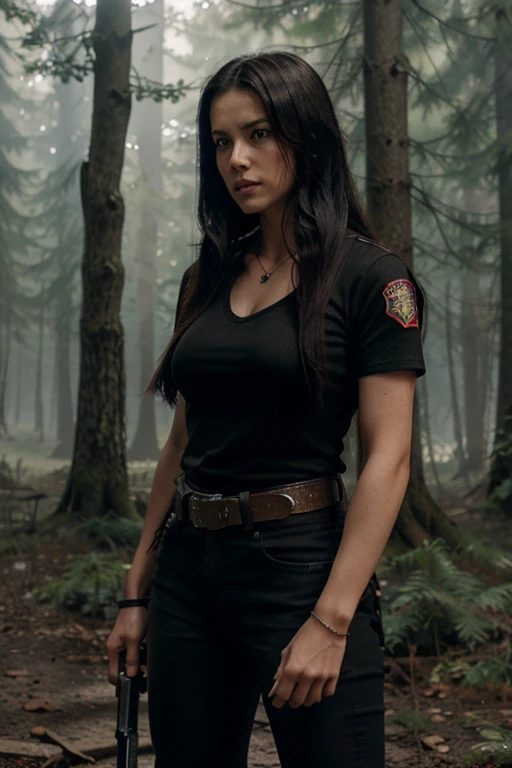 Claire Redfield, Teen Wolf, military, woman, 30 years old, long black hair, slim build, brown eyes, open red military jacket with short sleeves, white short-sleeved t-shirt with sword print, black hunter belt, black jeans, boots black military , sword. necklace, forest background with fog