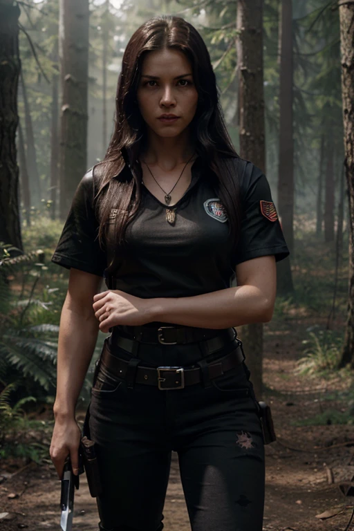Claire Redfield,  Wolf, military, woman, 30 years old, long black hair, slim build, brown eyes, open red military jacket with short sleeves, white short-sleeved t-shirt with sword print, black hunter belt, black jeans, boots black military , sword. necklace, forest background with fog