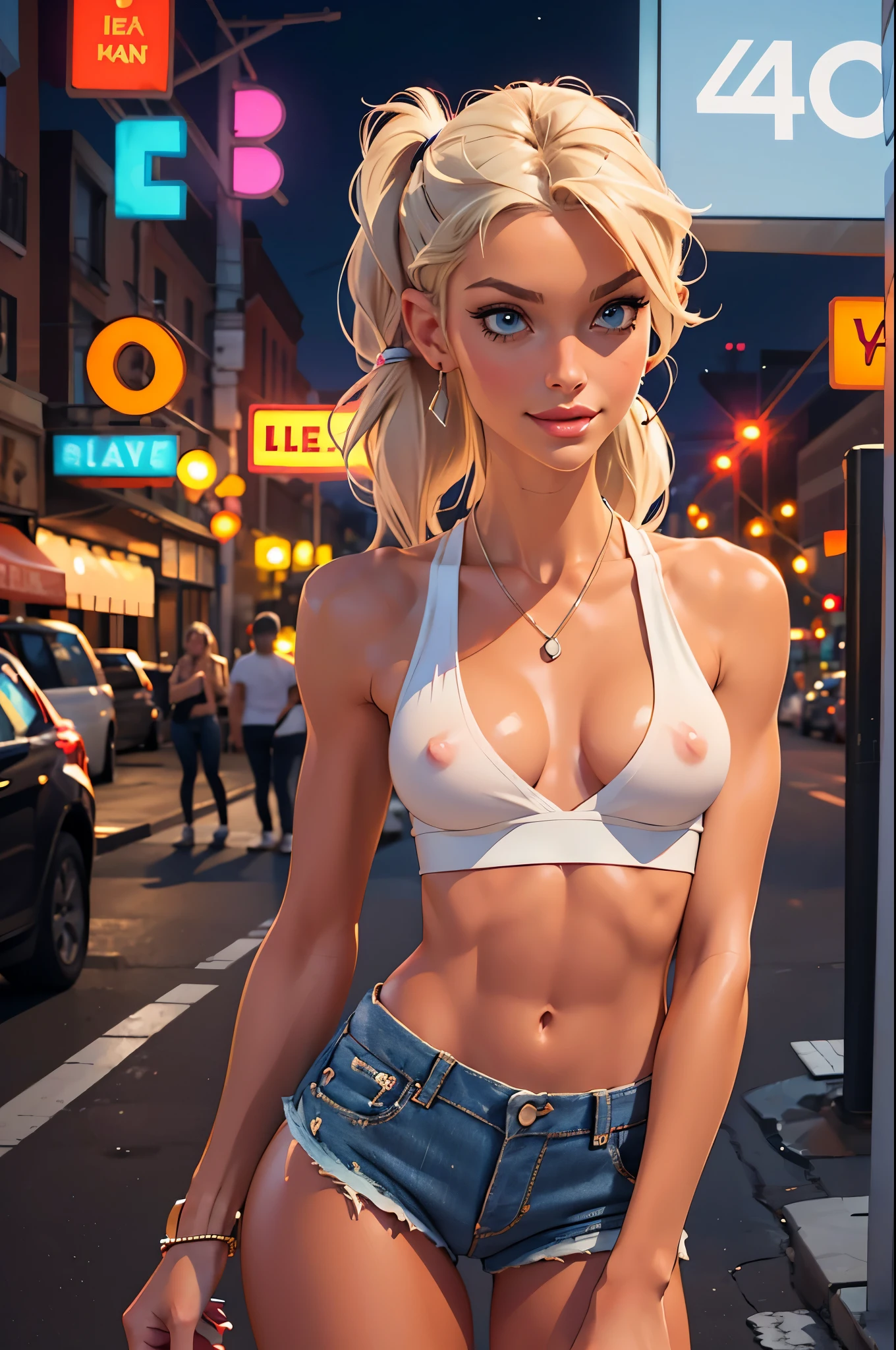 (best quality,4k,highres,ultra-detailed,realistic:1.2), (a skinny Caucasian girl with small breasts:1.0), messy blonde hair with a pigtail, (whitish blonde hair), thin body, 8-pack abs, flat chest, fitted white tank top, earrings, necklace bracelets out in the street at night, neon lights and advertising, close-up portrait, hard nipples, cute, youthful, skinny body, wearing tiny jean shorts, (unbuttoned jean shorts:1.0), smirking, slutty, thin body, skinny body, thigh-gap, (tiny waist:1.0)