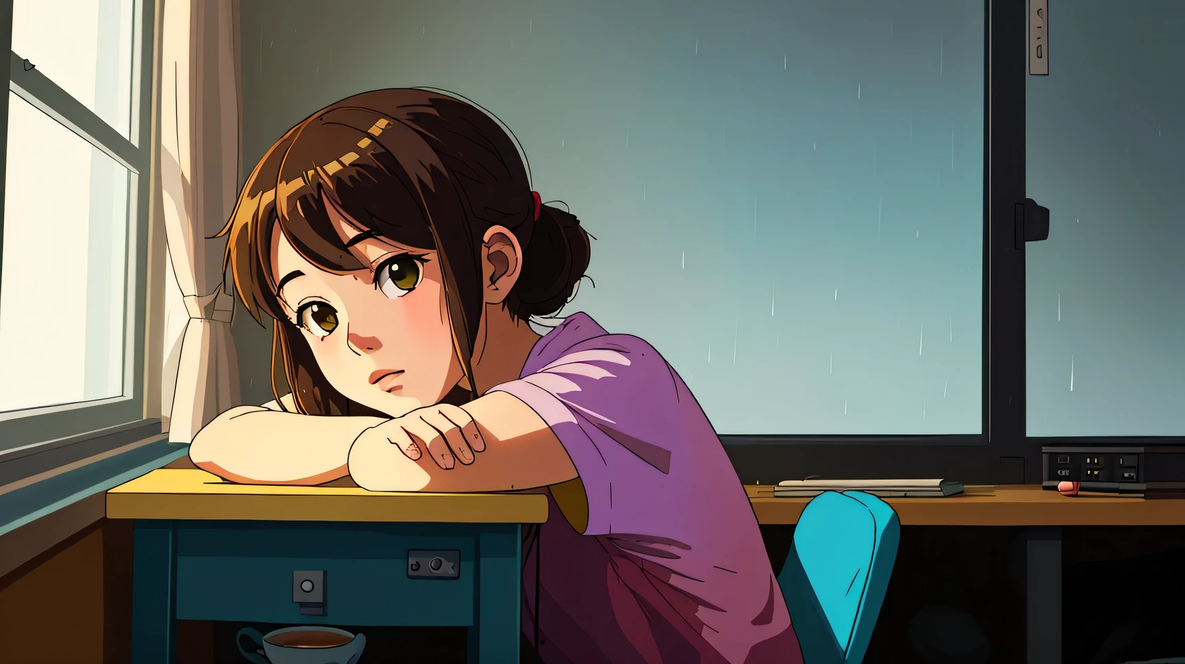 a girl in lofi style at a table with a computer facing a window studying, it's raining, It's 5 o'clock in the morning, a mug of coffee next to the computer, she is wearing warm clothes in cold weather, socks and cold cap, a cute cat next to her while she studies, relaxing environment , yellow lights, calm and great environment for studying, calm and peaceful rain, lofi girl style, night ligthning, tons of cores with twilight, do Studio Ghibli