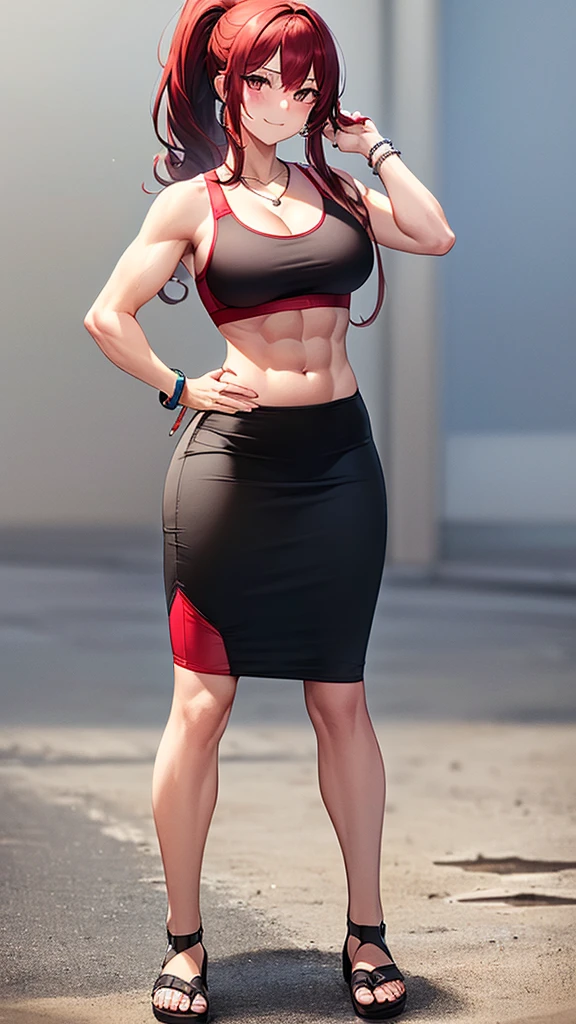 masterpiece, (best quality:1.3), (ultra-detailed), 1girl, beautiful woman with wavy hair, (dark red hair:1.6), (ponytail hair:1.2), (large breasts:1.1), (slim body:1.5), exposed muscle, (abs:1.15), (red sports bra:1.5), black maxi pencil skirt, (long pencil skirt:1.6), (black skirt:1.5), (long skirt:1.5), (spandex:1.01), sandals, midriff, cleavage, (hip bones:1.3), (belly button:1.3), necklace, bracelet, watch, summer, beach, (looking at viewer:1.6), (full body:1.3), full-face blush, (wide-eyed:1.1), smile, (tight clothes:1.2), (arm up:1.5), (hand on own hip:1.8),