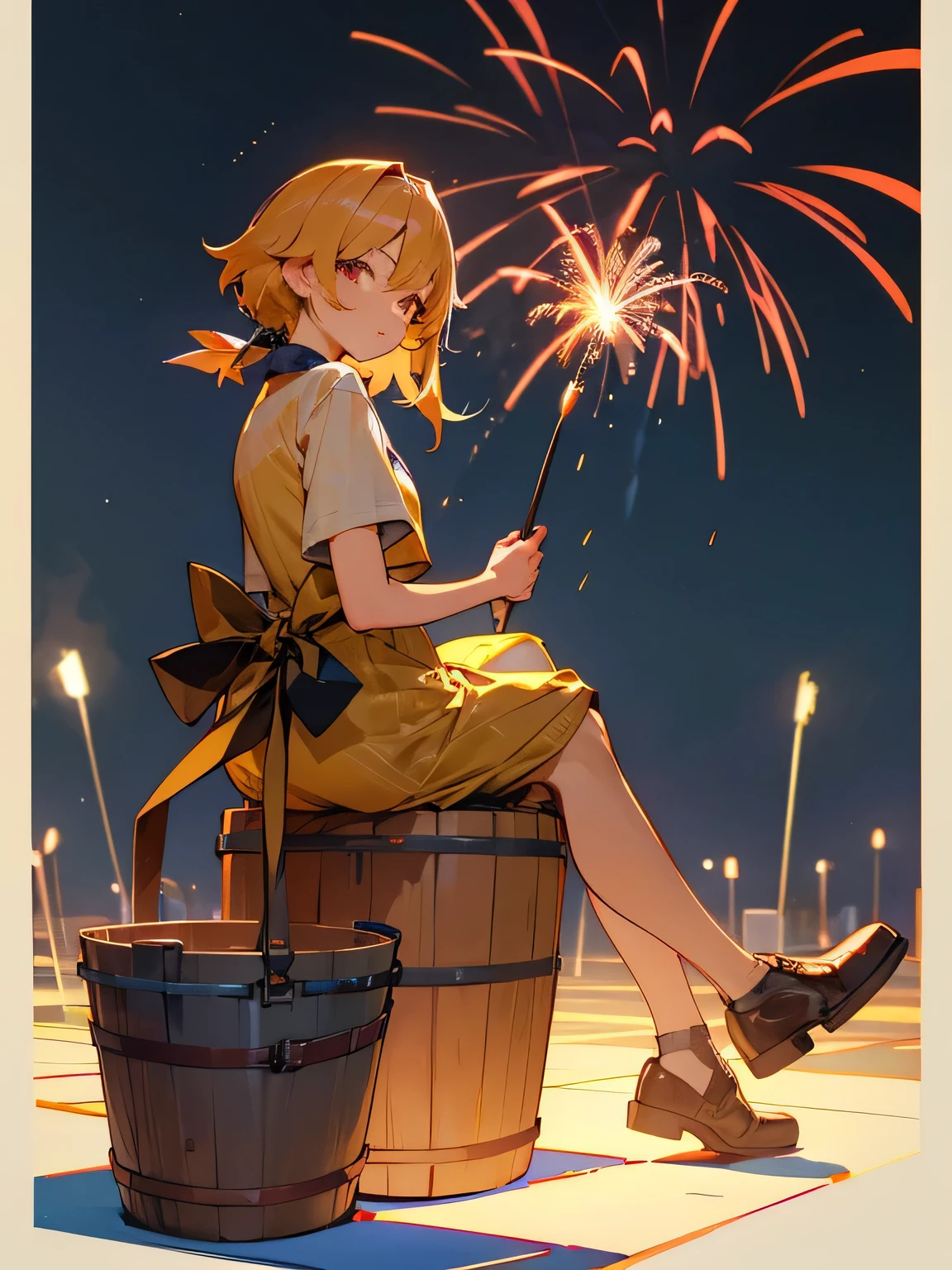 looking at viewer,A person holding fireworks、Bucket on the floor、Midnight、