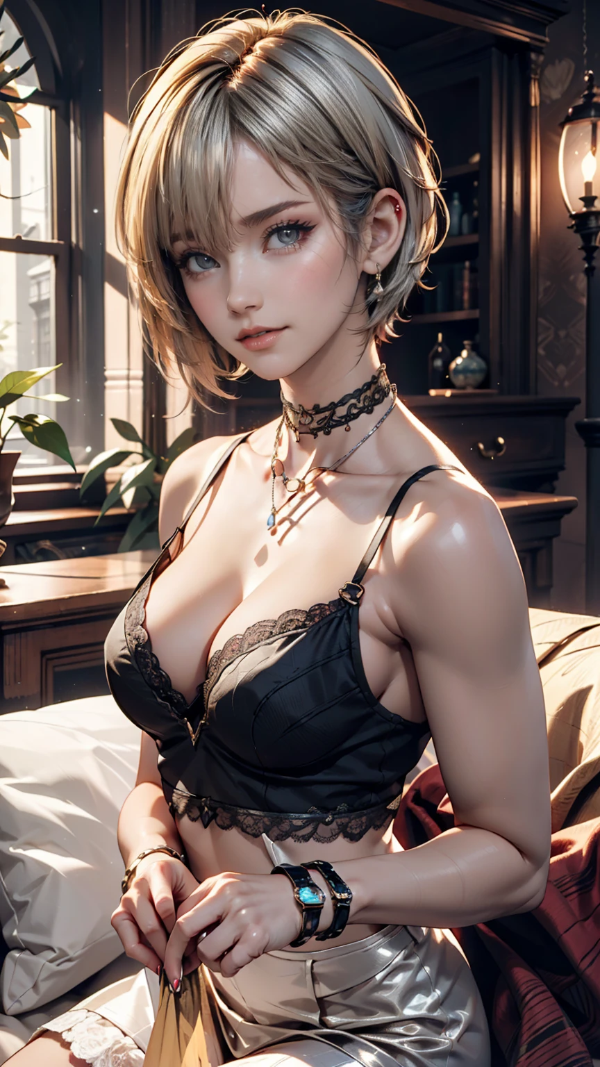 24-year-old female、Blonde、Pixie Cut Hair((pixie cut))、Lace choker、necklace、Oval Neck((oval neck))Tops、sheer leggingules、Silver accessories on the wrist、Manicure、Peticure、Duck mouth