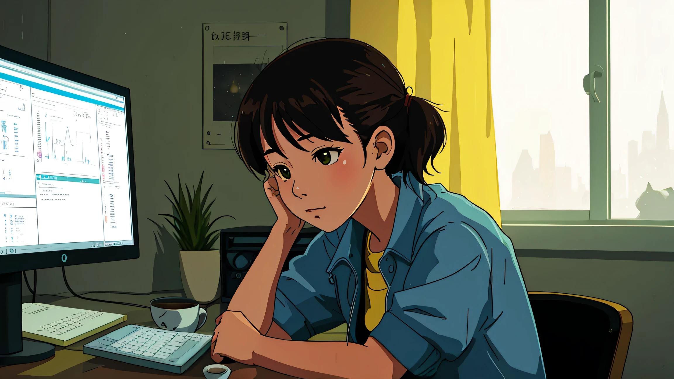a girl in lofi style at a table with a computer facing a window studying, it&#39;s raining, It&#39;s 5 o&#39;clock in the morning, a mug of coffee next to the computer, she is wearing warm clothes in cold weather, socks and cold cap, a cute cat next to her while she studies, relaxing environment , yellow lights, calm and great environment for studying, calm and peaceful rain, lofi girl style, night ligthning, tons of cores with twilight, do Studio Ghibli