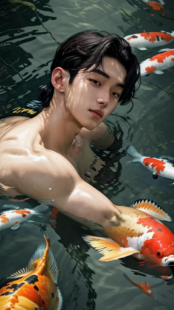 Portrait of a young man in bermudas, half body on water. He has medium long wet dark hair, athetic. Some medium and big size colourful Koi fishes diving and swimming underwater surrounding the young man, splashes of water.  Japanese garden as background. Sunny day, sun reflecting on water. Dynamic scene, colourful. Photorealistic.