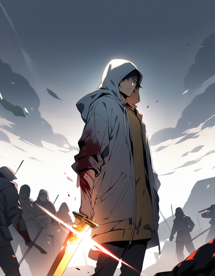 The Hero with his golden sword, Cutting off the arm of a man in a hoodie , blood, view from afar, faces are not seen, Battlefield background
