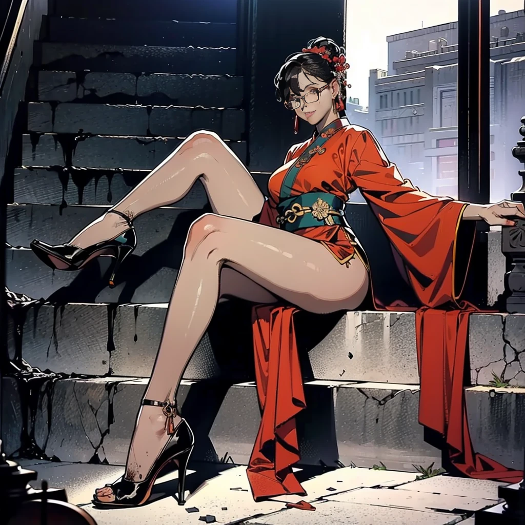 Doctor close-up, Has a glowing 5-star rating, Their Names, photograph, And the city in the background.，Large bust，Rimless glasses，Slim figure，pretty girl，Like the whole body，Black Hanfu，Purple kimono，Red clothes，Streets of ancient China，Dirty dark street，High heels，Long legs，Sit on the stairs