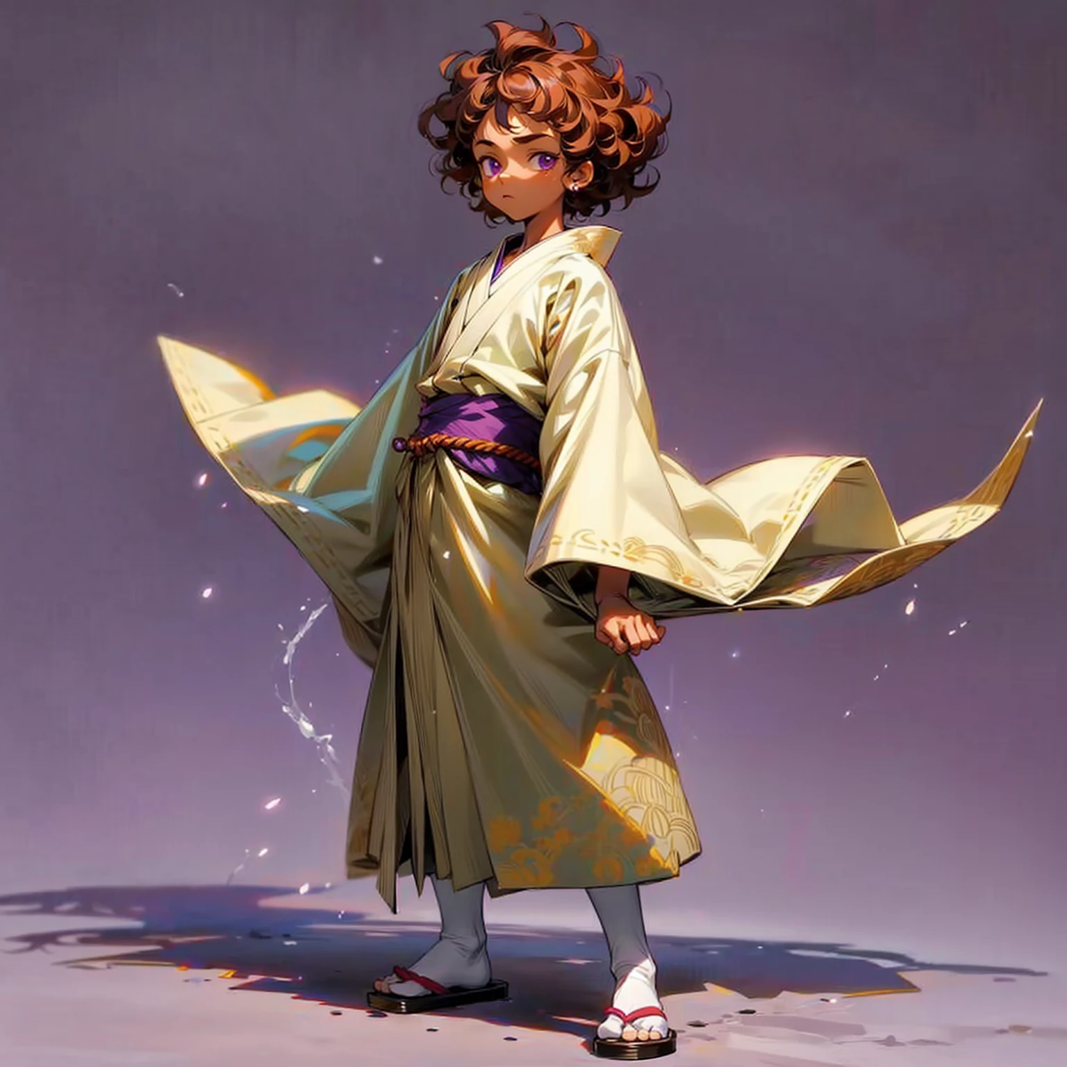 Solo character, full body version, ??? boy, tan skin, brown color hair, Curly hairstyle, purple eyes, Japanese tunic clothing, background is plain white, shadow, standing gesture, (one piece style art)