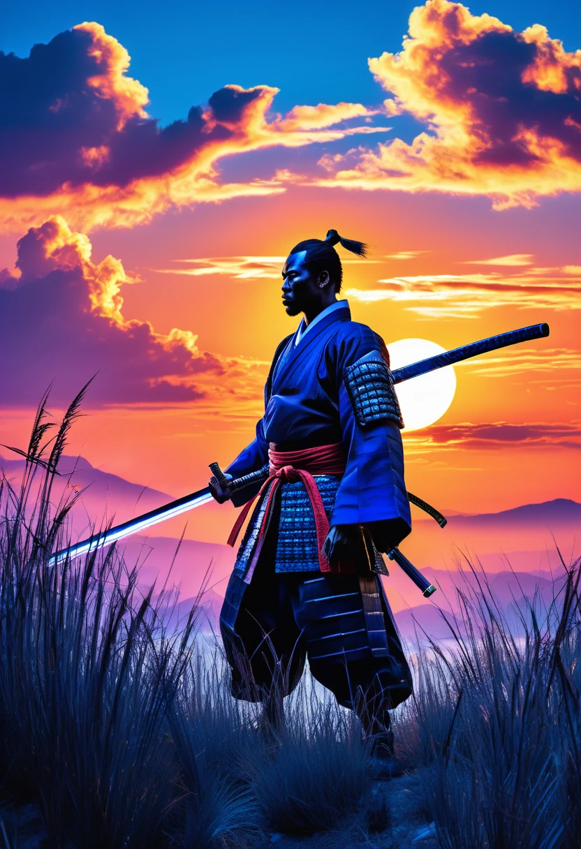 Dramatic silhouette image featuring a lone black man samurai standing against a large, glowing sunset. The samurai is wearing a traditional African designed clothes and holding a katana, with the blade resting on his shoulder. The background is dominated by the intense blue and white hues of the setting sun, which creates a striking contrast with the dark figure of the samurai. The foreground shows blue neon lit tall grass in shadow, adding depth to the scene. The overall composition emphasizes the solitary and stoic nature of the samurai, set against a vivid and expansive sky.
