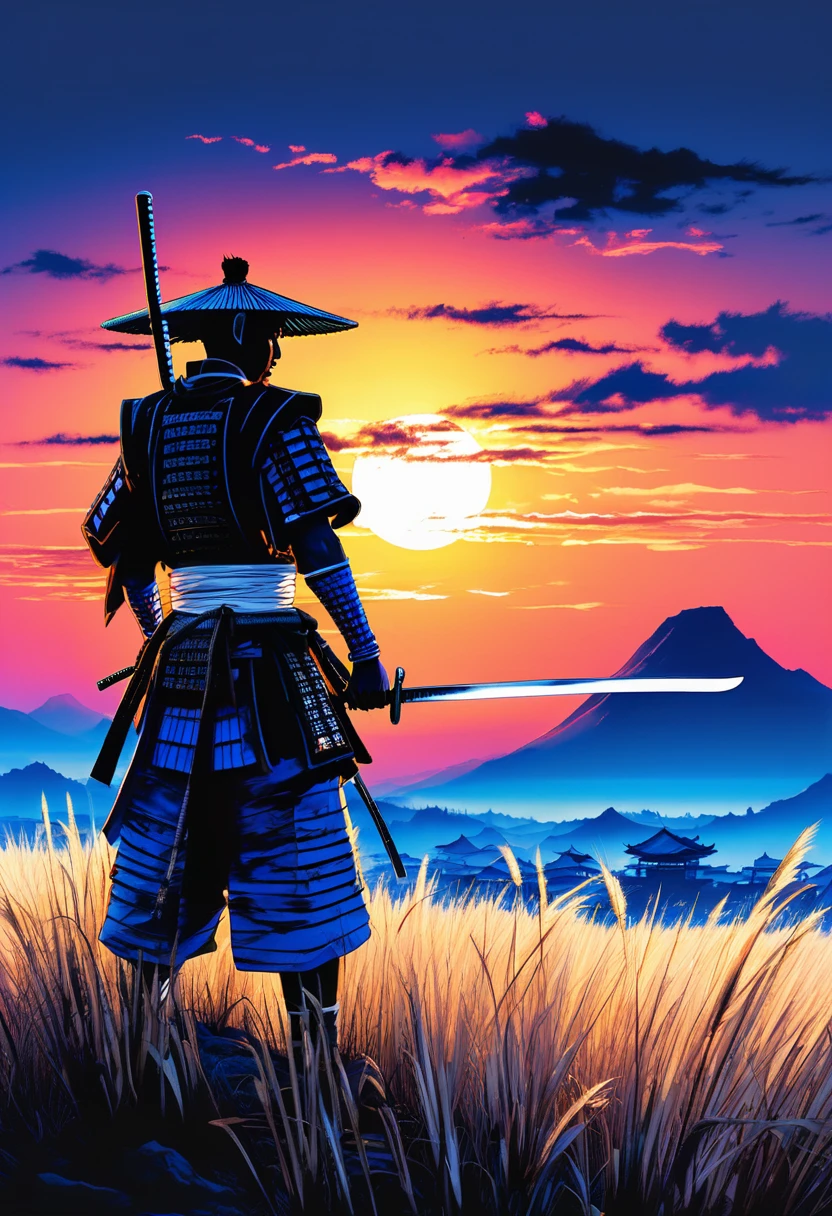 Dramatic silhouette image featuring a lone black man samurai standing against a large, glowing sunset. The samurai is wearing a traditional African designed clothes and holding a katana, with the blade resting on his shoulder. The background is dominated by the intense blue and white hues of the setting sun, which creates a striking contrast with the dark figure of the samurai. The foreground shows blue neon lit tall grass in shadow, adding depth to the scene. The overall composition emphasizes the solitary and stoic nature of the samurai, set against a vivid and expansive sky.