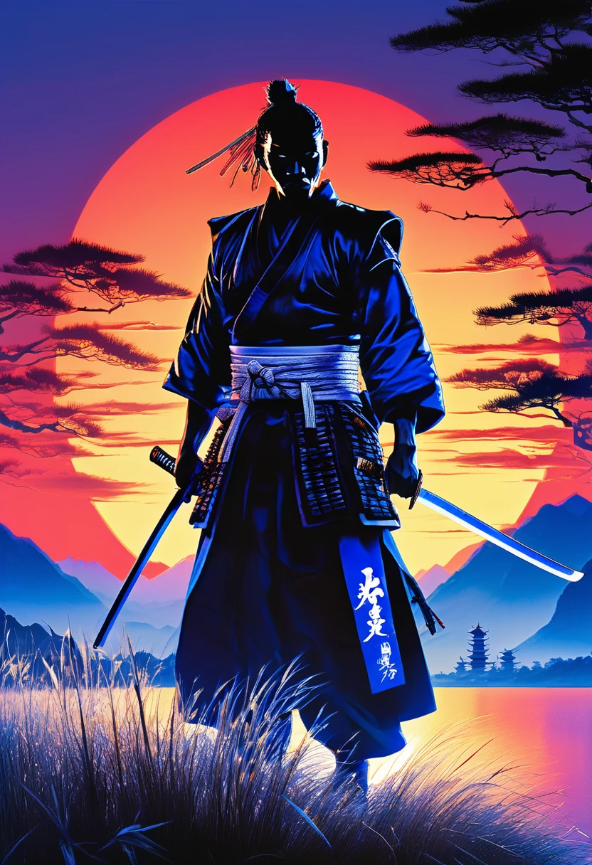 Dramatic silhouette image featuring a lone black man samurai standing against a large, glowing sunset. The samurai is wearing a traditional African designed clothes and holding a katana, with the blade resting on his shoulder. The background is dominated by the intense blue and white hues of the setting sun, which creates a striking contrast with the dark figure of the samurai. The foreground shows blue neon lit tall grass in shadow, adding depth to the scene. The overall composition emphasizes the solitary and stoic nature of the samurai, set against a vivid and expansive sky.