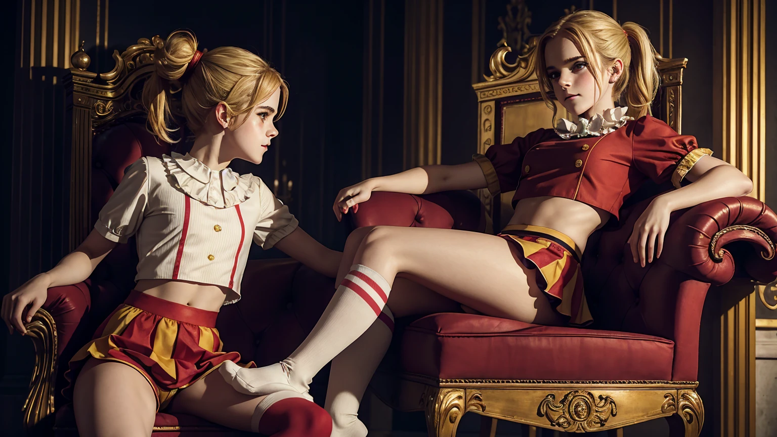 masterpiece. a beautiful two girls emma watson dressed as girl clown. blonde, ponytail, faint smile. intricate tight short uniform, crop top, red socks. dark ambient. on a royal throne.