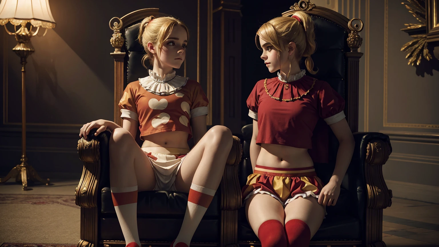 masterpiece. a beautiful two girls emma watson dressed as girl clown. blonde, ponytail, faint smile. intricate tight short uniform, crop top, red socks. dark ambient. on a royal throne.