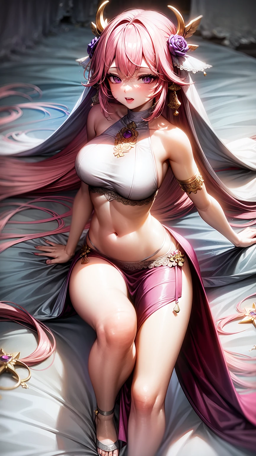 kawai girl, photorealism, pink hair, Green eyes, perfect shape, voluptuous girl,kama sutra --auto --s2