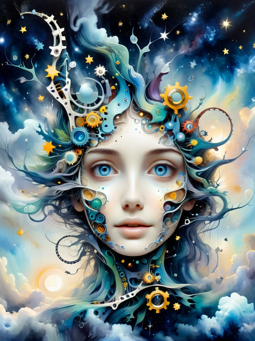 microorganism,plant,Marine life,Exquisite eyes,Starry Sky,Stitching together an abstract painting,Describing the inner world of autistic people,Sense of space,White Space,interesting,Innocence,Psychedelic Art, Create an optical illusion artwork combining elements like eyes, the starry night sky, the universe, Galaxies, a celestial ladder, technology, machinery, and chains. The composition should be complex and intricate, featuring geometric shapes and patterns that link these elements together in a way that creates a strong visual illusion. The artwork should include an eye as a central element, surrounded by a depiction of the universe and Galaxies, with elements of advanced technology and machinery interwoven. The celestial ladder, possibly made of chains or mechanical parts, should connect different parts of the image, defying gravity and perspective. The overall design should be mesmerizing, causing viewers to feel dazzled and disoriented, with a powerful sense of visual illusion.
