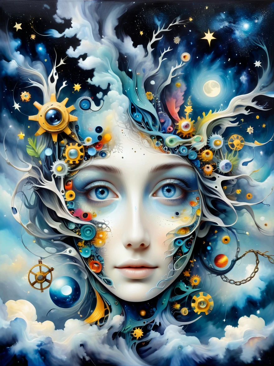 microorganism，plant，Marine life，Exquisite eyes，Starry Sky，Stitching together an abstract painting，Describing the inner world of autistic people，Sense of space，White Space，interesting，Innocence，Psychedelic Art, Create an optical illusion artwork combining elements like eyes, the starry night sky, the universe, Galaxies, a celestial ladder, technology, machinery, and chains. The composition should be complex and intricate, featuring geometric shapes and patterns that link these elements together in a way that creates a strong visual illusion. The artwork should include an eye as a central element, surrounded by a depiction of the universe and Galaxies, with elements of advanced technology and machinery interwoven. The celestial ladder, possibly made of chains or mechanical parts, should connect different parts of the image, defying gravity and perspective. The overall design should be mesmerizing, causing viewers to feel dazzled and disoriented, with a powerful sense of visual illusion.