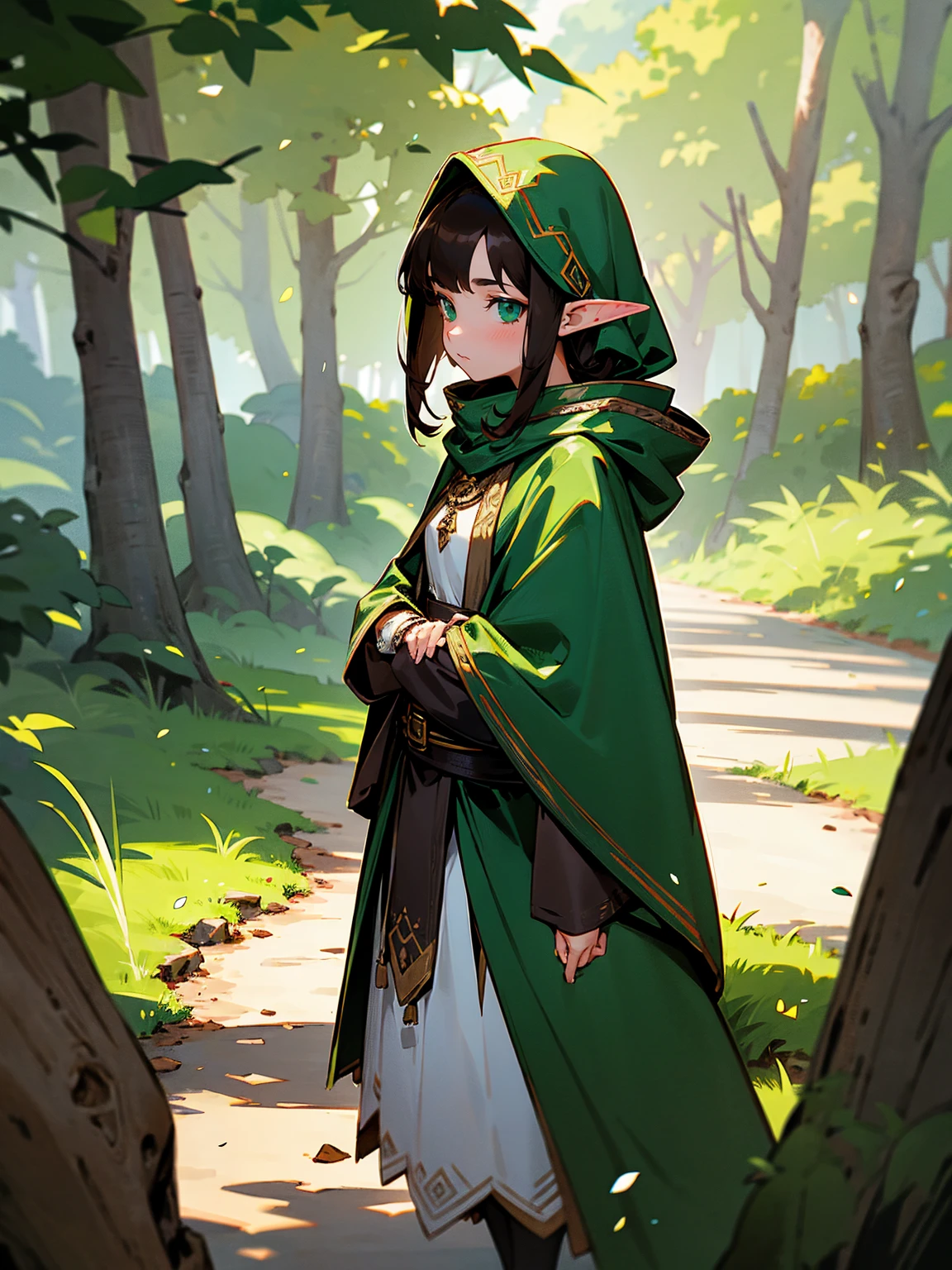  female, dark brown hair, elf ears, green cloak, curious look, standing on path