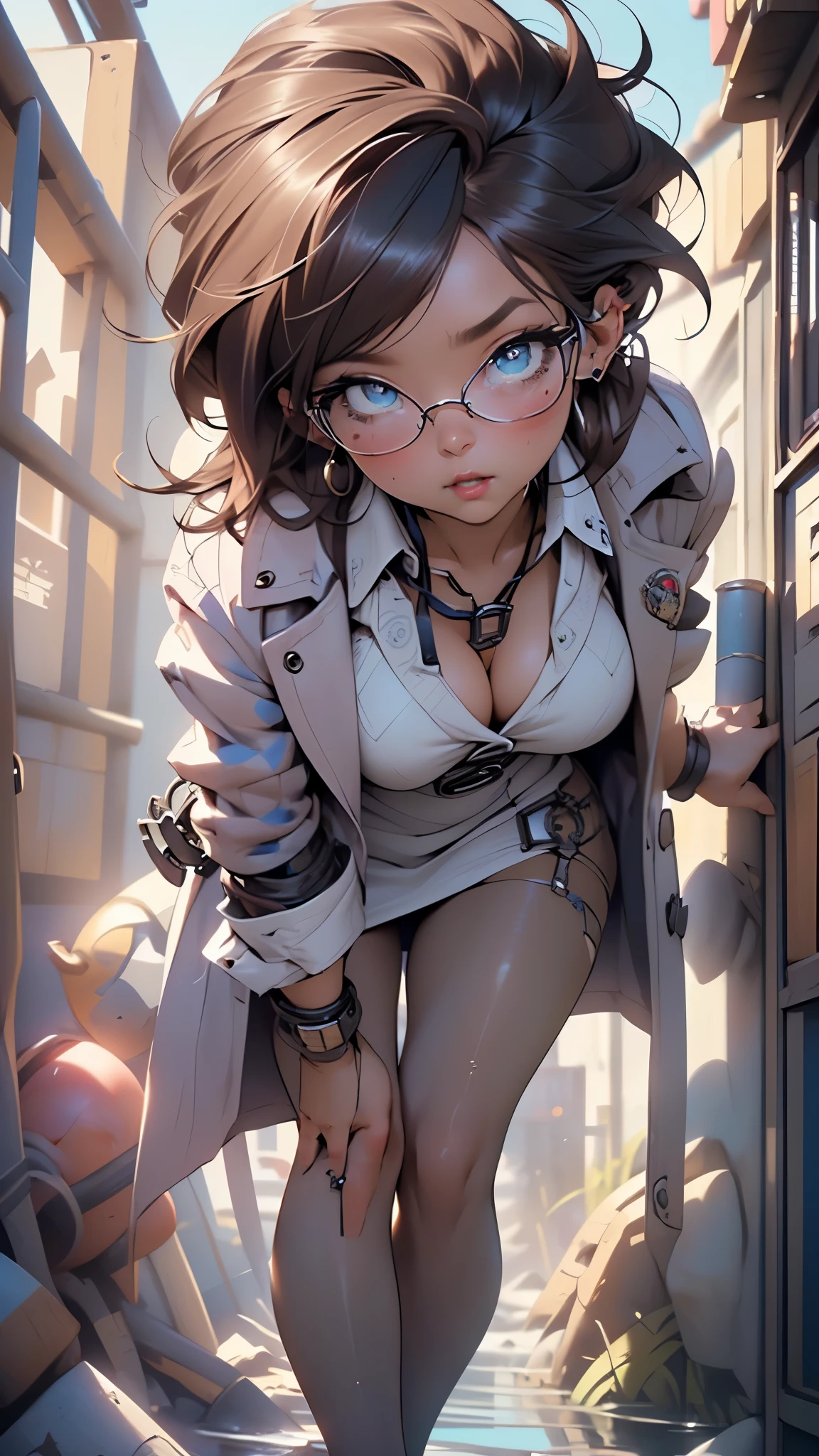 (((Android-21 from Dragon Ball Z))),Android 21,girl,(((1girl))),mature girl,
(large breasts:1.4),saggy breasts,(((brown hair,spiked hair,long hair,messy hair)),(((blue_eyes:1.3))),intricate eyes,beautiful detailed eyes,symmetrical eyes,big eyes:1.3,((fat)),(((lustrous skin:1.5,bright skin: 1.5,skin tanned,shiny skin,very shiny skin,shiny body,plastic glitter skin,exaggerated shiny skin,illuminated skin,wet legs))),(bimbo body,spider lower abdomen,narrow waist,wide hip,athletic body,inflated legs, thick thighs,detailed body,(detailed face)),big ass, thick thighs, slim curves, good anatomy,thick legs,
cute,slutty,seductive,erotic,(nsfw),
(black pantyhose),(((checkered dress:1.3,blue and red dress))),((coat,white coat:1.3,lab coat:1.3)),earrings,(((glasses))),
(dynamic pose:1.0),solo focus,,(centered,scale to fit dimensions,Rule of thirds),
((steampunk,industrial revolution)),scenery:1.25,((intricate scenery)),((steampunk, background)),
(Glossy steampunk ornaments),highres,sharp focus,(ultra detailed,extremely detailed),(photorealistic artwork:1.37),(extremely detailed CG unity 8k wallpaper),(((vibrant colors,vibrant theme))),(intricate),(masterpiece),(best quality),artistic photography,(photography taken by sldr),(intricate background),perfect rendered face,perfect face details,realistic face,photo realistic,((intricate detail)),(((realism))),