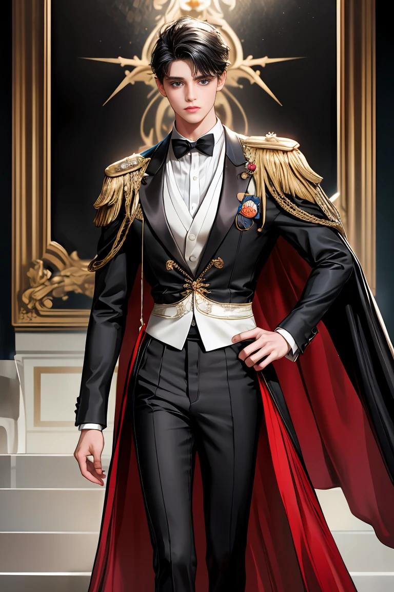 
masterpiece, 最high quality, high quality, 1 boy, alone, Male focus, Watching the audience,  Messy black hair, Adorable big blue eyes, White, Noble, Noble,A sexy, voluminous, puffy cape、tuxedo、A very voluminous, large, very large, very large, long, long red and black cape with a high stand-up collar, made of a lot of fabric that reaches down to the floor., ,Cute beautiful boys,Cute, cute, kind, handsome guy