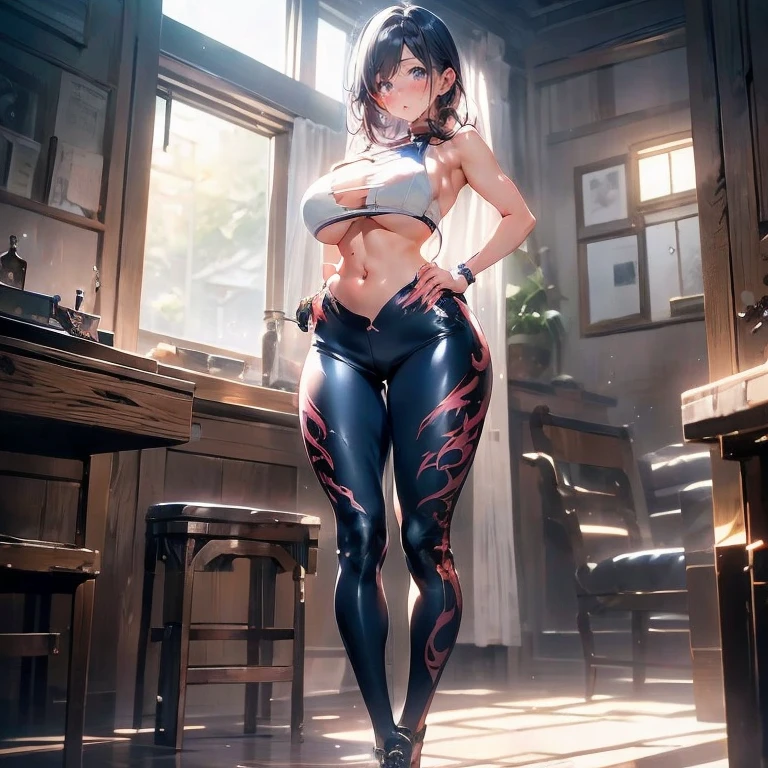 Anime Kawaii sexy Perfect Slim sensual body large breast and huge thighs, An intricate and highly detailed illustration of anime (Young girl).A beautiful girl with large breasts, toned abs, shy expression, wearing tight pants, muscular man, photorealistic, 8k, hyperdetailed, chiaroscuro lighting, cinematic composition, dramatic colors