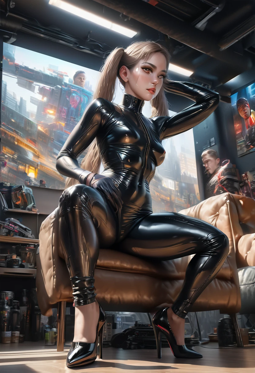 Woman wearing a latex bodysuit sitting spread legs on a throne, dark atmosphere, cinematic