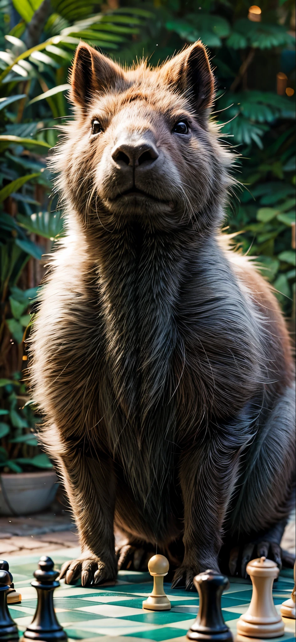 A grey capybara in the gardem, playing chess game