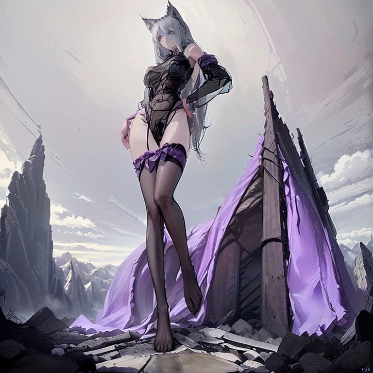 (8k, Realistic, RAW Photos, Highest quality, (from below:2), View your viewers: 1.3), (Fox Girl, Fox Ears, Silver Hair, One Girl, Long Hair, (Alone on the screen, dark skin), High definition:1.6), (Purple clothes, sexy see-through underwear:1.8), (Body measurements are 99-55-77!, Nice body, Big Breasts, slender, muscle, (Stand with your legs apart, I can see the valley, Standing posture):1.9),(美しいface, Delicate drawing, It is written down in detail), Avatar, face, 色っぽいface, Dominant representation, naughty face, Uplifting, Skin Texture, outside, ruins, Ruined City, Broken Building, There are no people