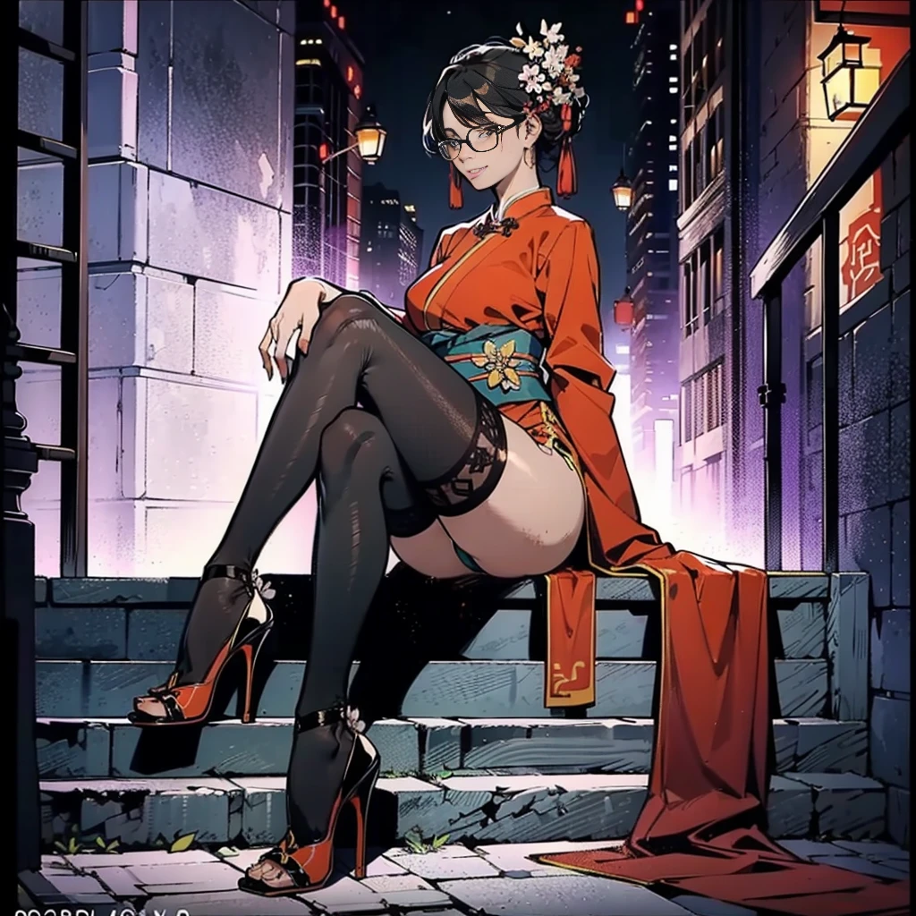 Doctor close-up, Has a glowing 5-star rating, Their Names, photograph, And the city in the background.，Large bust，Rimless glasses，Slim figure，pretty girl，Like the whole body，Black Hanfu，Purple kimono，Red clothes，Streets of ancient China，Dirty dark street，High heels，Long legs，Sit on the stairs