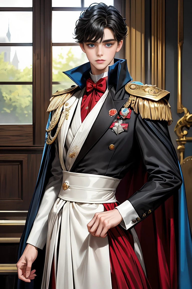 
masterpiece, 最high quality, high quality, 1 boy, alone, Male focus, Watching the audience,  Messy black hair, Adorable big blue eyes, White, Noble, Noble,A black and red cape that is bursting with sexy volume、Tuxedo、A very voluminous, large, very large, very large, long, long red and black cape with a high stand-up collar, made of a lot of fabric that reaches down to the floor., 17 years old,Cute beautiful boys,Cute, cute, kind, handsome guy