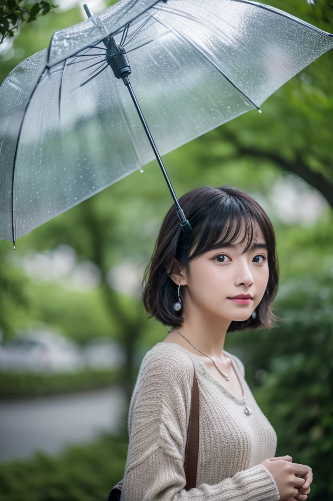 Highest quality、8k、32K、masterpiece、nffsw:1.2)、1 person、cute日本人女性の写真、Long sleeve dress、Short very bob hair、Upper Body、Surface Focus、Extra large size_sweater、necklace、Rainy park、Hold an umbrella、Water droplets fall、Looking at the audience、Mix 4、(8k、Raw photo、Highest qualityの、Masterpiece:1.2)、(Realistic Real Photo:1.37)、1 Girl、cute、Professional Lighting、Photon Mapping、Physically Based Rendering、Shortcuts、Shortcuts、good looking、High resolution、1080P