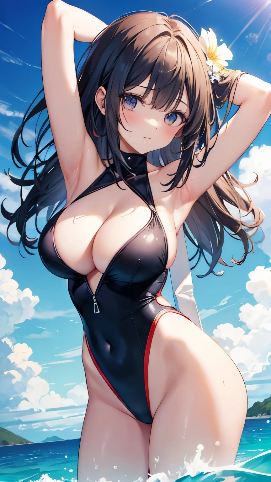 A girl,Wear a one-piece swimsuit,Large Breasts,Bend down,Showing cleavage