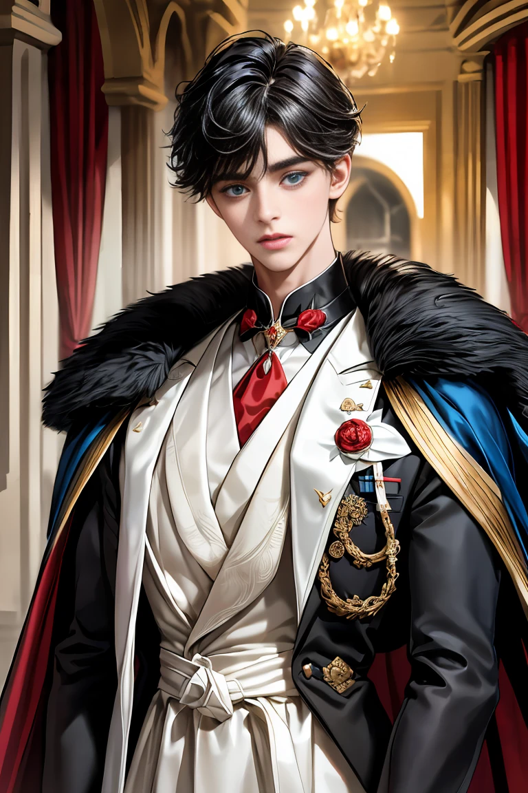 
masterpiece, 最high quality, high quality, 1 boy, alone, Male focus, Watching the audience,  Messy black hair, Adorable big blue eyes, White, Noble, Noble,A black and red cape that is bursting with sexy volume、Tuxedo、A very voluminous, large, very large, very large, long, long red and black cape with a high stand-up collar, made of a lot of fabric that reaches down to the floor., 17 years old,Cute beautiful boys,Cute, cute, kind, handsome guy