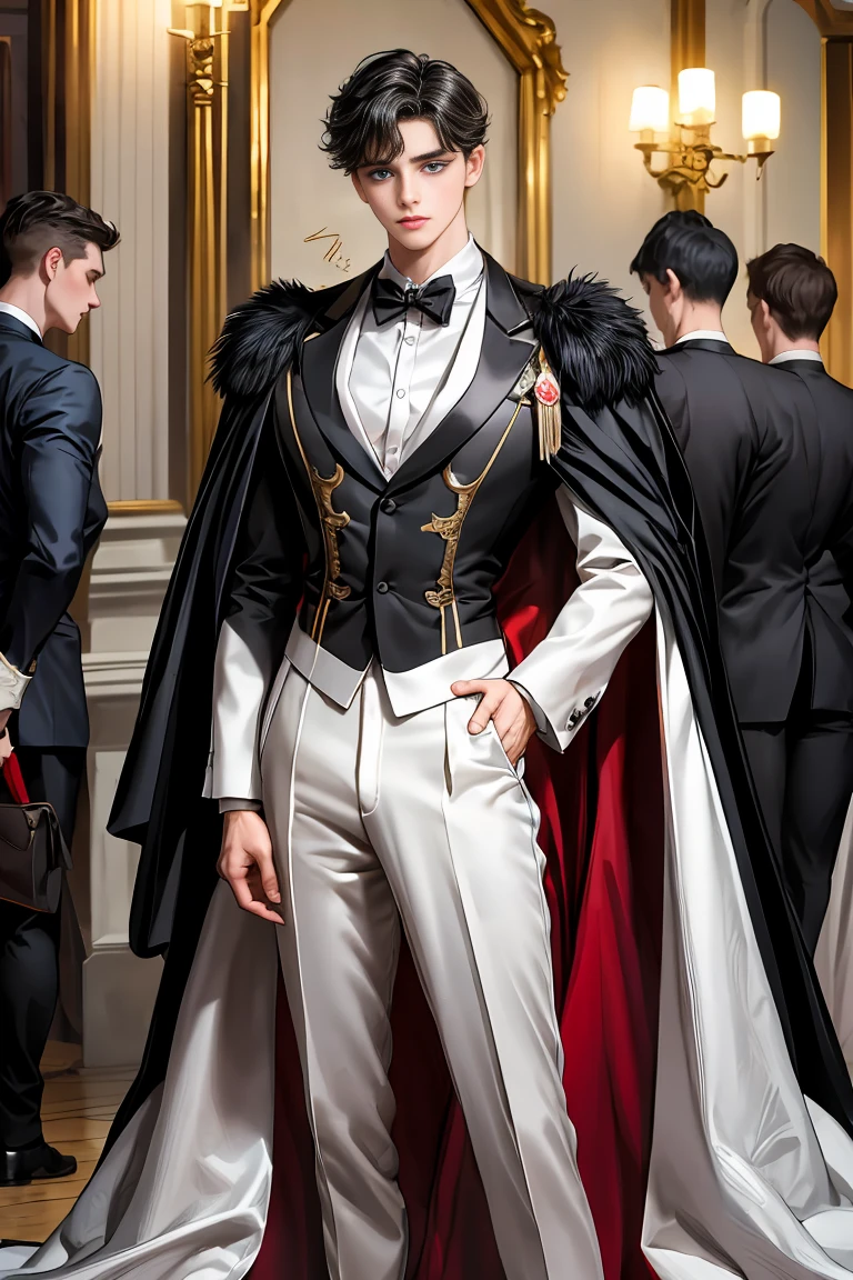 masterpiece, 最high quality, high quality, 1 boy, alone, Male focus, Watching the audience, Messy black hair, Adorable big blue eyes, White, Noble, Noble,A sexy, voluminous, puffy cape、tuxedo、A very voluminous, large, very large, very large, long, long red and black cape with a high stand-up collar, made of a lot of fabric that reaches down to the floor., 17 years old,Cute beautiful boys,Cute, cute, kind, handsome guy