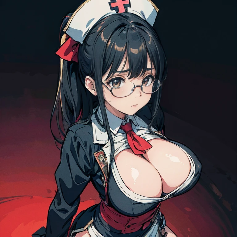 Anime Kawaii sexy Perfect Slim sensual body large breast and huge thighs, An intricate and highly detailed illustration of anime (Young girl). 1 girl, zombie, black hair, ponytail, red eyes, wearing glasses, nurse hat, medium bust, sweating, thigh-high black boots, standing, (best quality,4k,8k,highres,masterpiece:1.2),ultra-detailed, anime:1.37),horror,dark fantasy,dynamic pose,dramatic lighting,cinematic,moody atmosphere