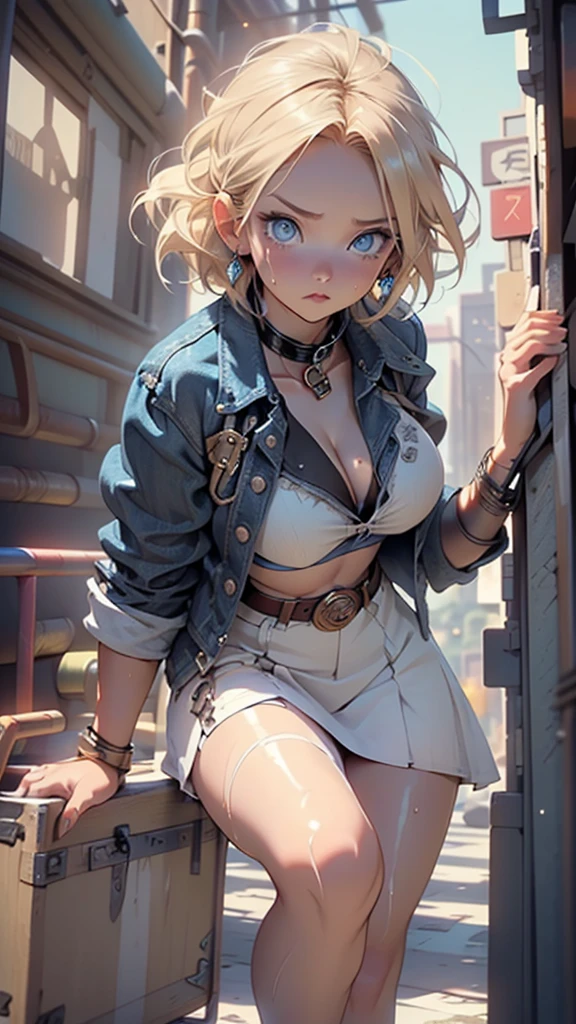 (((Android-18 from Dragon Ball Z))),Android 18,girl,(((1girl))),

(large breasts:1.4),saggy breasts,(((very straight short blonde hair,))),(((blue_eyes:1.3))),intricate eyes,beautiful detailed eyes,symmetrical eyes,big eyes:1.3,((fat)),(((lustrous skin:1.5,bright skin: 1.5,skin tanned,shiny skin,very shiny skin,shiny body,plastic glitter skin,exaggerated shiny skin,illuminated skin,wet legs))),(spider lower abdomen,narrow waist,wide hip,athletic body,inflated legs, thick thighs,detailed body,(detailed face)),big ass, thick thighs, slim curves,   good anatomy,thick legs,

cute,slutty,seductive,erotic,(nsfw),stern facial expression,frown

((wearing a blue denim jacket and a shirt cropped white, open denim jacket,open clothes,open jacket,cleavage,collar bone,crop top)),((long sleeves,white sleeves,striped sleeves)),(midriff,navel),belt,(((blue jean skirt lifted,blue skirt,miniskirt))),,earring,

(dynamic pose:1.0),solo focus,,(centered,scale to fit dimensions,Rule of thirds),

((steampunk,industrial revolution)),scenery:1.25,((intricate scenery)),((steampunk, background)),

(Glossy steampunk ornaments),highres,sharp focus,(ultra detailed,extremely detailed),(photorealistic artwork:1.37),(extremely detailed CG unity 8k wallpaper),(((vibrant colors,vibrant theme))),(intricate),(masterpiece),(best quality),artistic photography,(photography taken by sldr),(intricate background),perfect rendered face,perfect face details,realistic face,photo realistic,((intricate detail)),(((realism))),