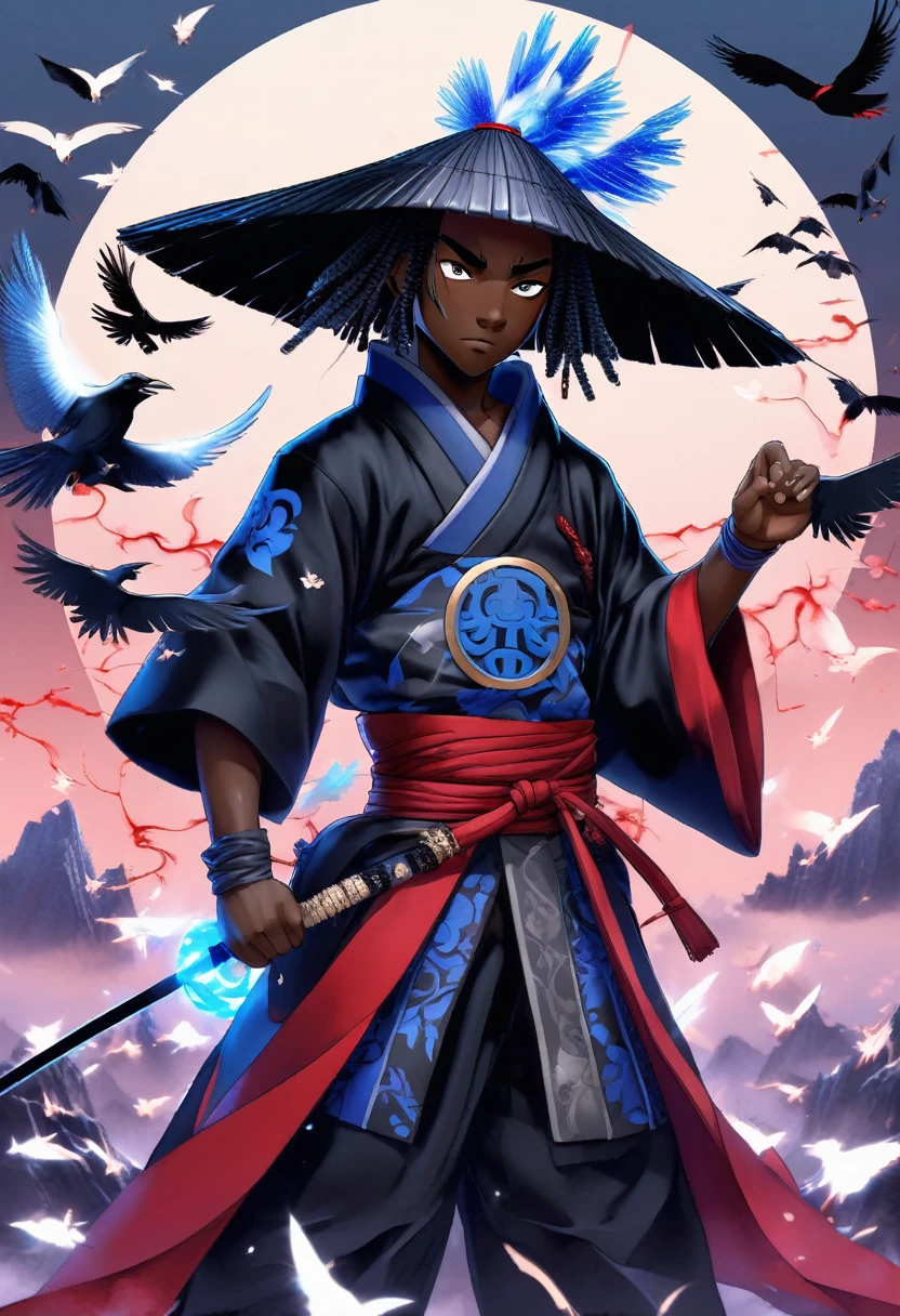 Digital artwork featuring a black man samurai anime character with a dark, mysterious aesthetic. The character has dark skin and blue eyes, partially obscured by a high-collared black cloak with blue cloud patterns. They wear a headband with a metallic plate displaying a symbol, and a traditional straw hat. The background is filled with dark, flying crows, adding to the ominous atmosphere. The overall color palette is muted, with shades of black, grey, and red dominating the scene.