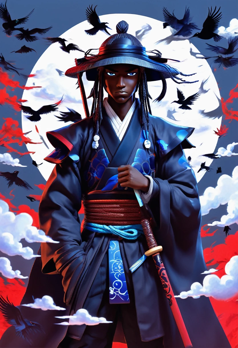 Digital artwork featuring a black man samurai anime character with a dark, mysterious aesthetic. The character has dark skin and blue eyes, partially obscured by a high-collared black cloak with blue cloud patterns. They wear a headband with a metallic plate displaying a symbol, and a traditional straw hat. The background is filled with dark, flying crows, adding to the ominous atmosphere. The overall color palette is muted, with shades of black, grey, and red dominating the scene.