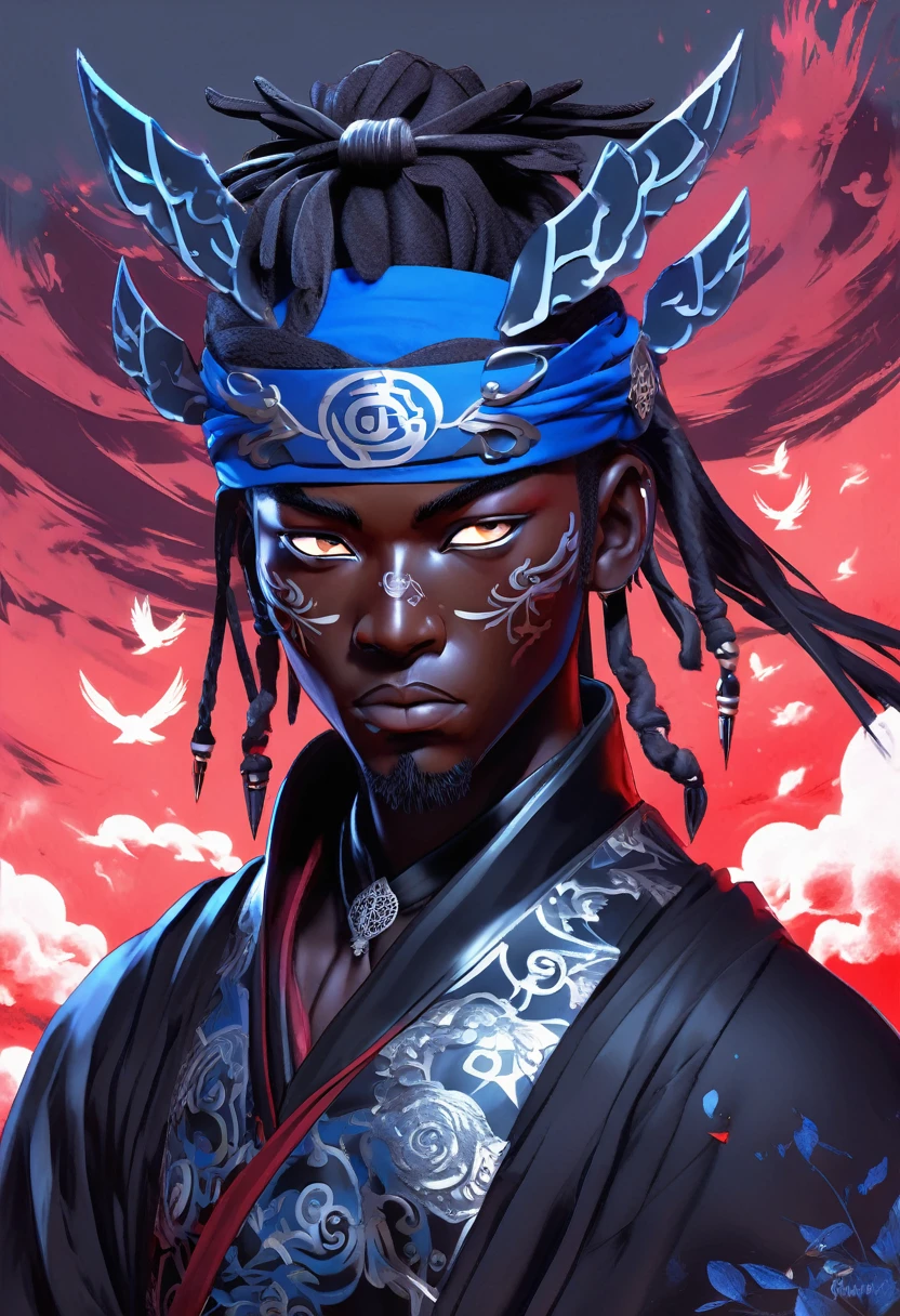Digital artwork featuring a black man samurai anime character with a dark, mysterious aesthetic. The character has dark skin and blue eyes, partially obscured by a high-collared black cloak with blue cloud patterns. They wear a headband with a metallic plate displaying a symbol, and a traditional straw hat. The background is filled with dark, flying crows, adding to the ominous atmosphere. The overall color palette is muted, with shades of black, grey, and red dominating the scene.